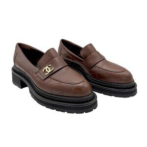 Chanel 23A Brown Calfskin Leather Quilted CC Gold Logo Flat Platform Loafer - 38